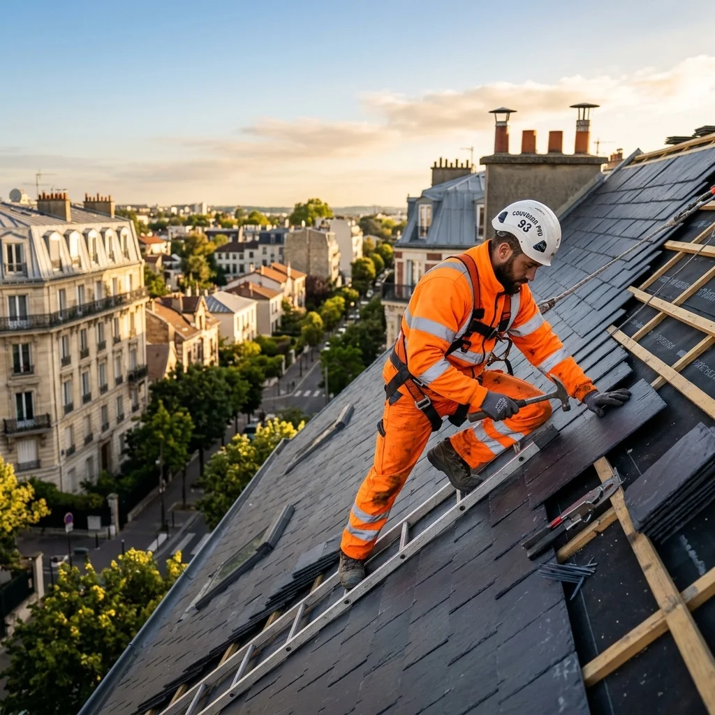 Artisan couvreur travaillant sur une toiture en ardoise